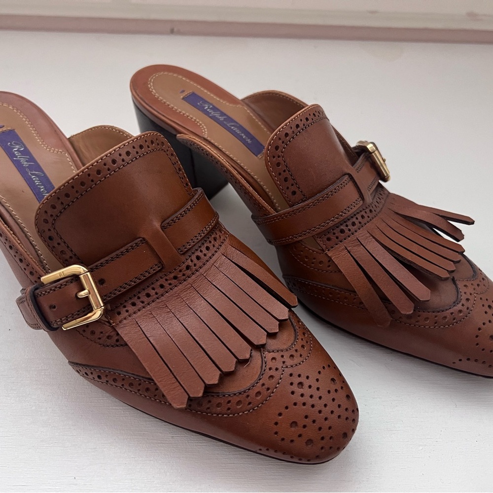 Ralph Lauren Purple Label Tan Calfskin Leather Fringe Mules